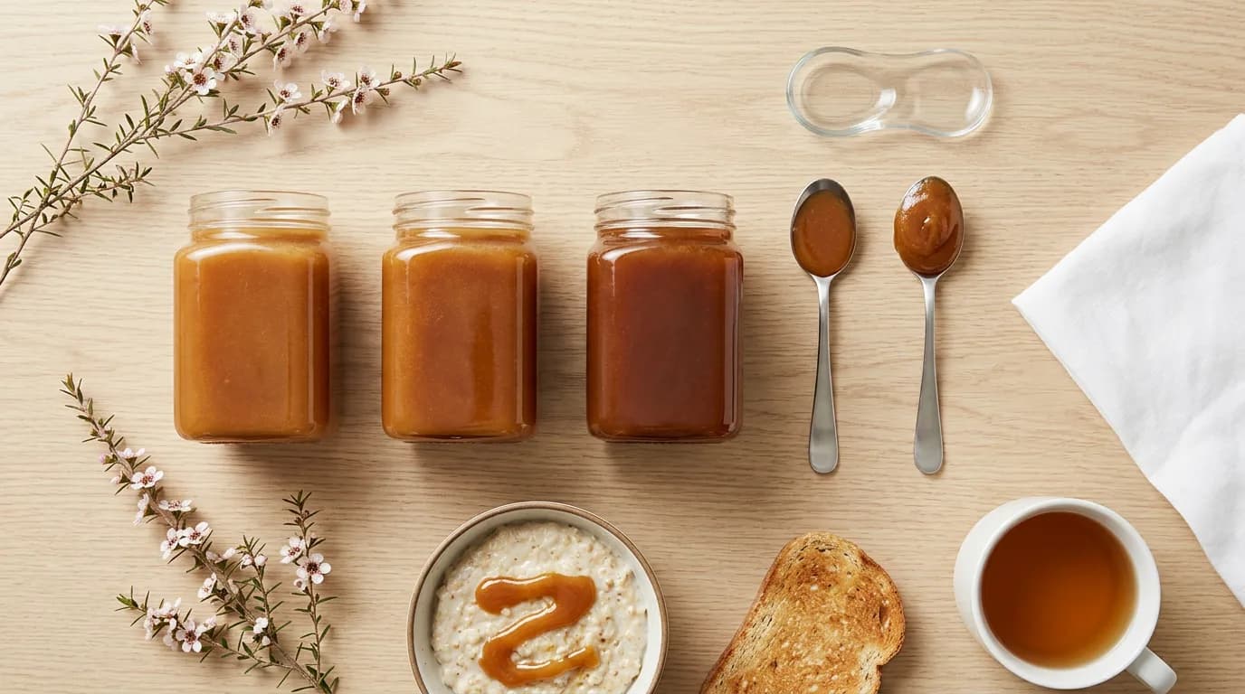 Unlabeled jars of mānuka honey beside a level and a heaped teaspoon, with porridge, toast and tea on a pale wooden surface, illustrating how to measure a serving.