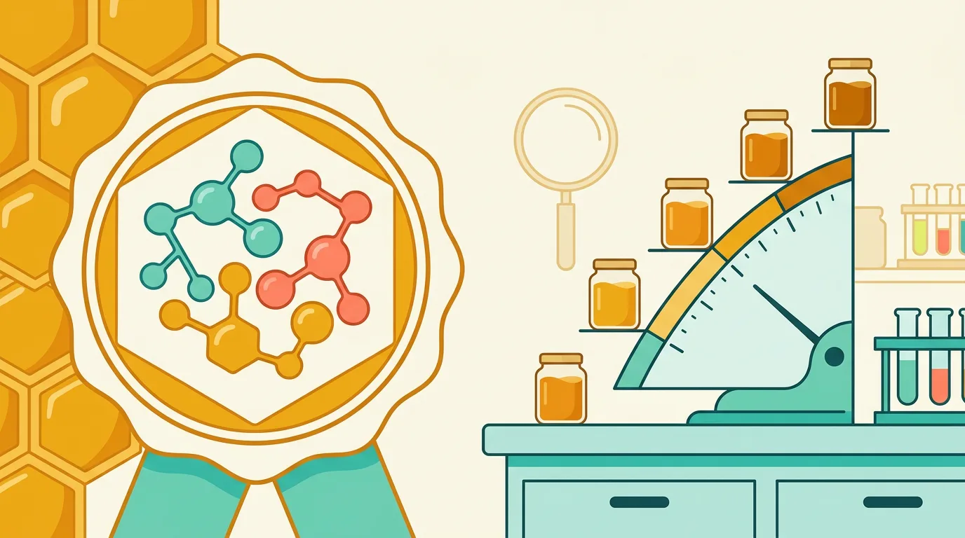 Illustration comparing manuka honey grading systems, showing molecular markers feeding into a certification seal alongside a rising concentration gauge with jars of deepening amber honey.
