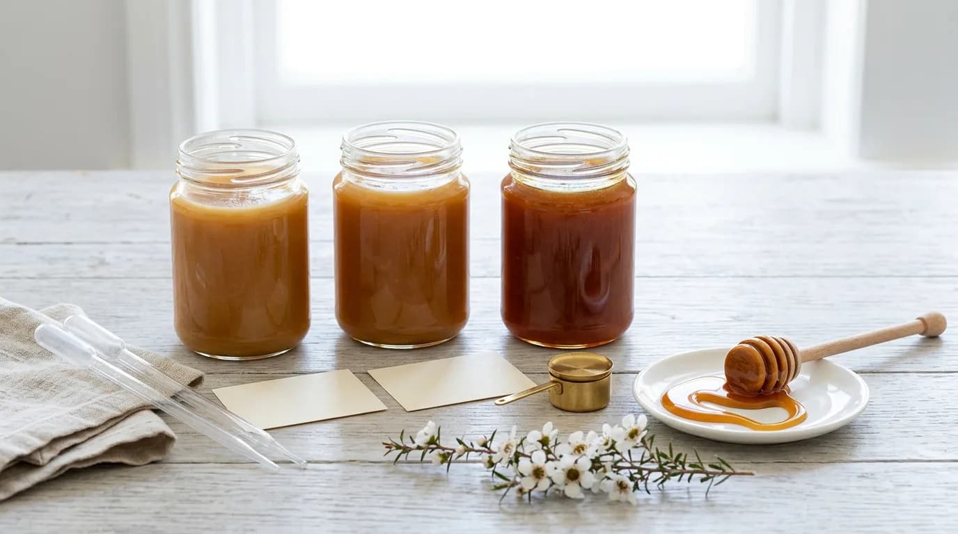 Two plain glass jars of amber mānuka honey in contrasting shades sit side by side with a brass scale, lab pipettes, blank cards and a sprig of white mānuka blossom.