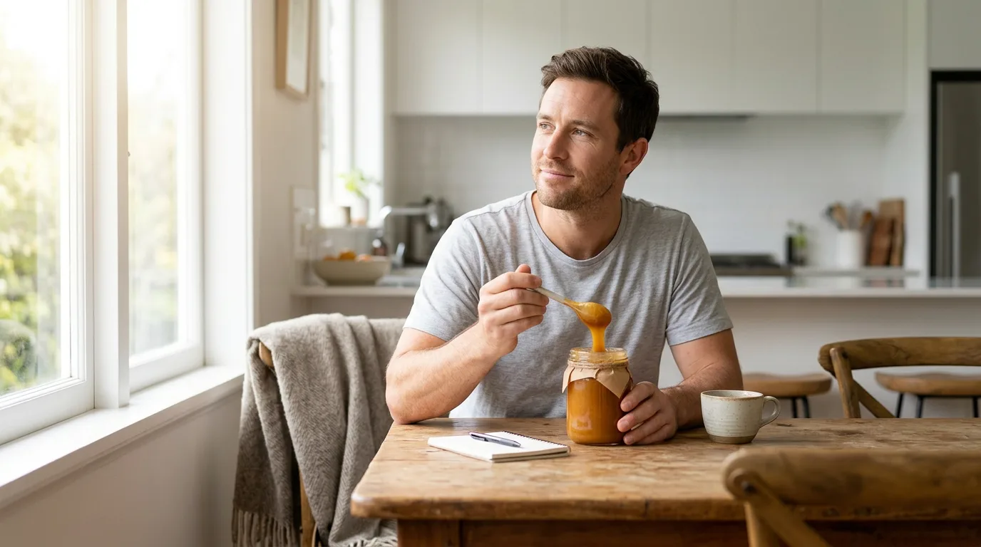 A man sits calmly at a kitchen table in morning light, spooning New Zealand mānuka honey from a plain jar beside a cup of tea.