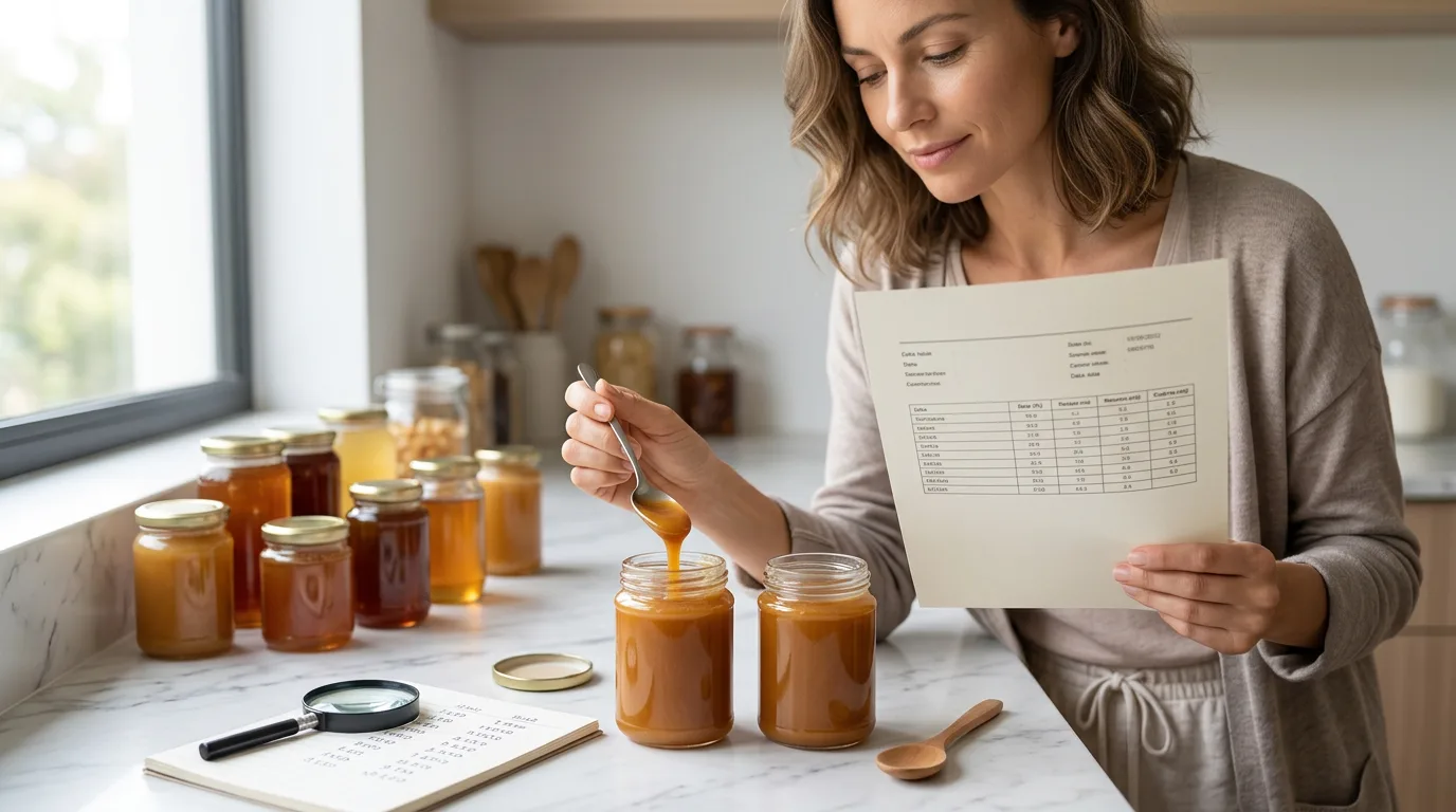 A shopper compares two unlabeled honey jars and a laboratory certificate at a kitchen counter, evaluating the honey's texture with a spoon.