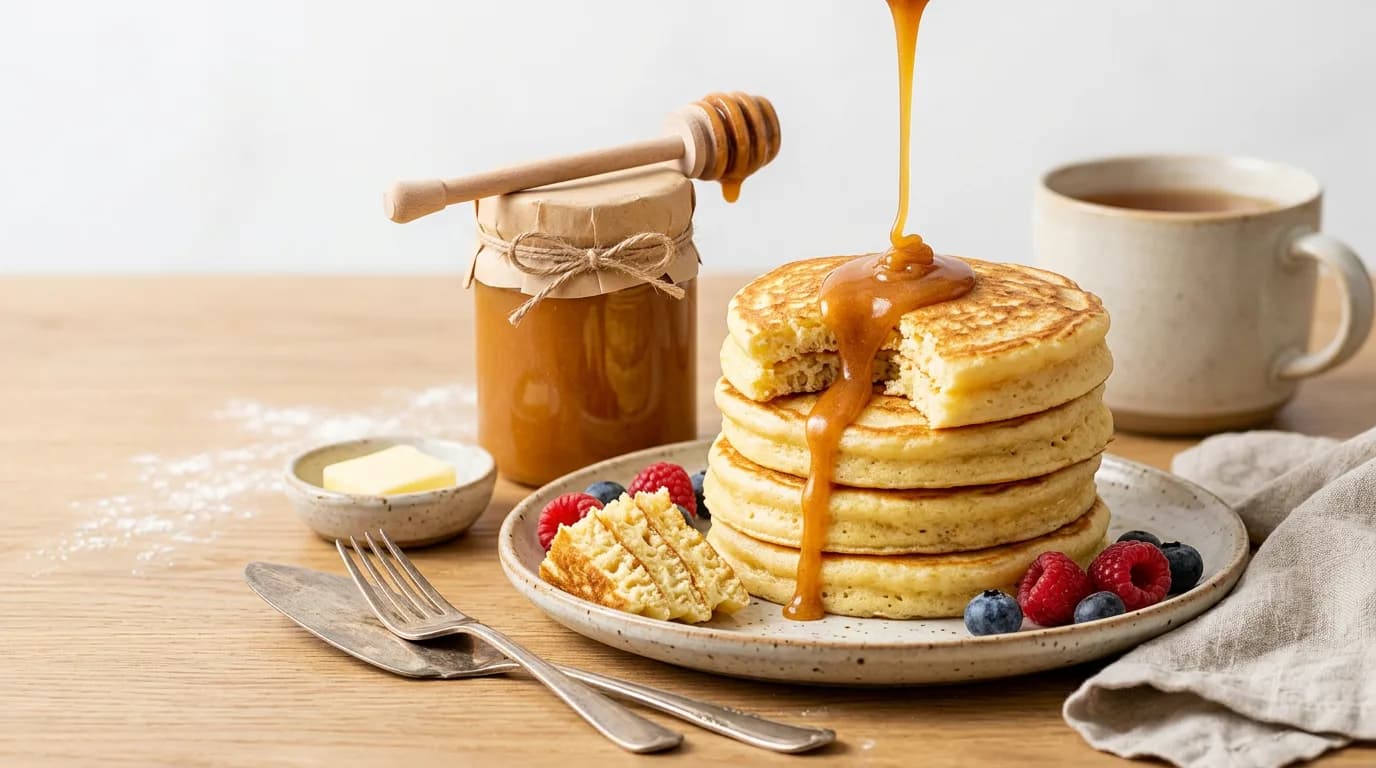 A stack of fluffy pancakes drizzled with mānuka honey, surrounded by fresh berries on a rustic wooden table.