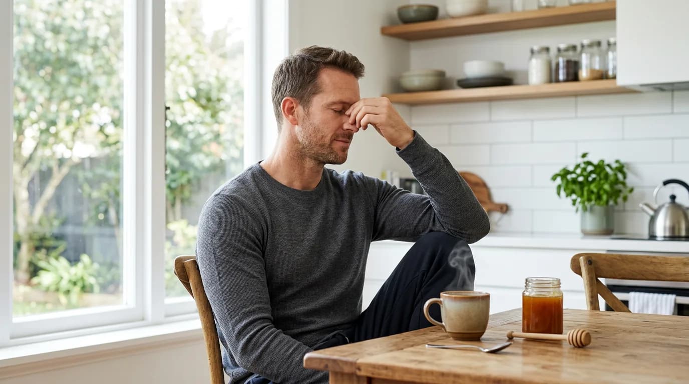 A calm morning kitchen scene where a fit man in casual athletic wear sits at a wooden table by a window, steam rising from a mug of tea. He is holding is nose bridge with one hand but not in pain, he looks softly releived.