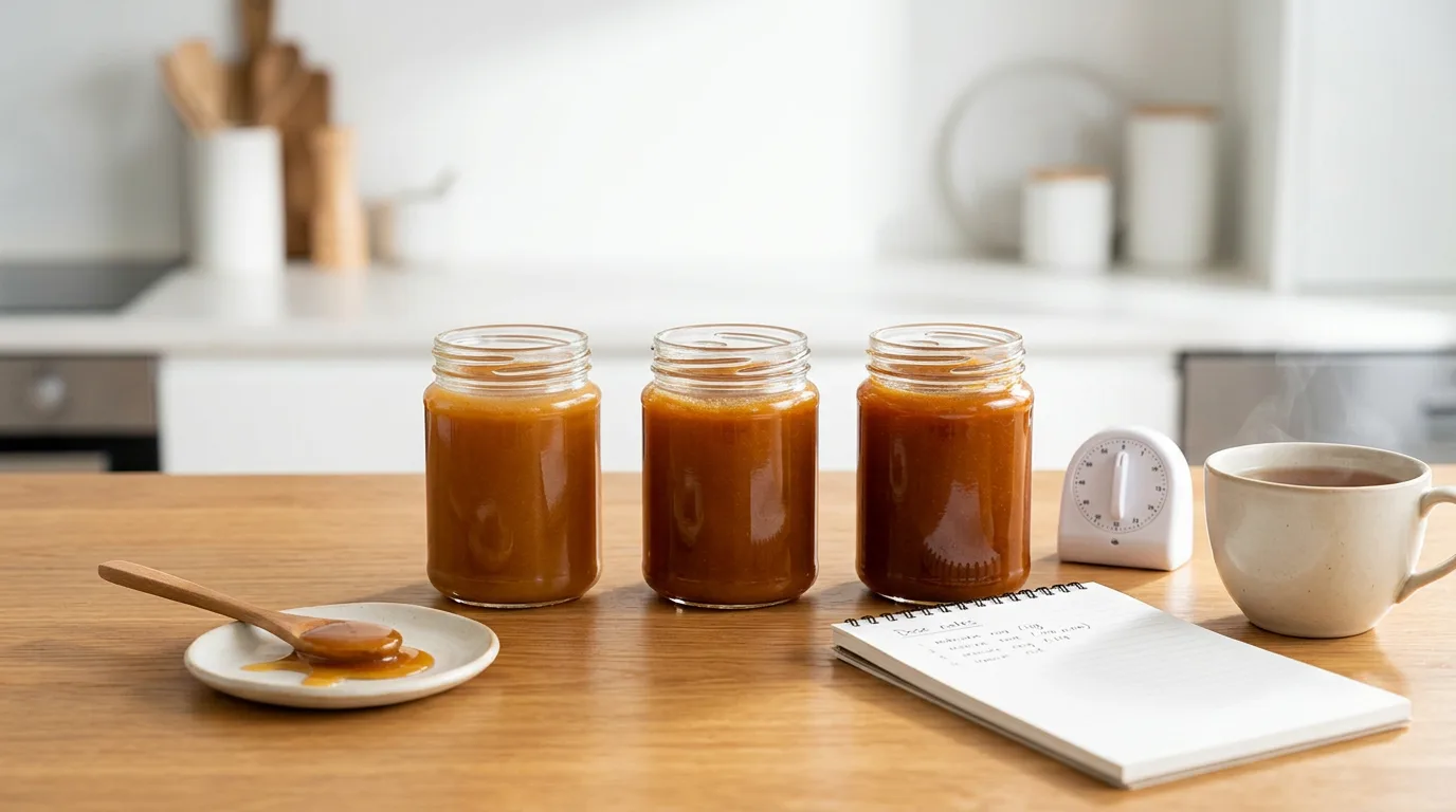 Three jars of unlabeled mānuka honey in varying shades beside a teaspoon, tea, and notes, representing a beginner's guide to choosing and using mānuka honey.