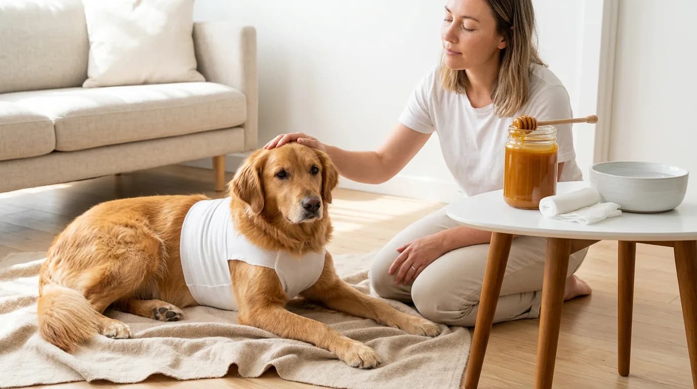 A woman comforts her large recovering dog at home beside a jar of manuka honey and clean bandaging supplies.