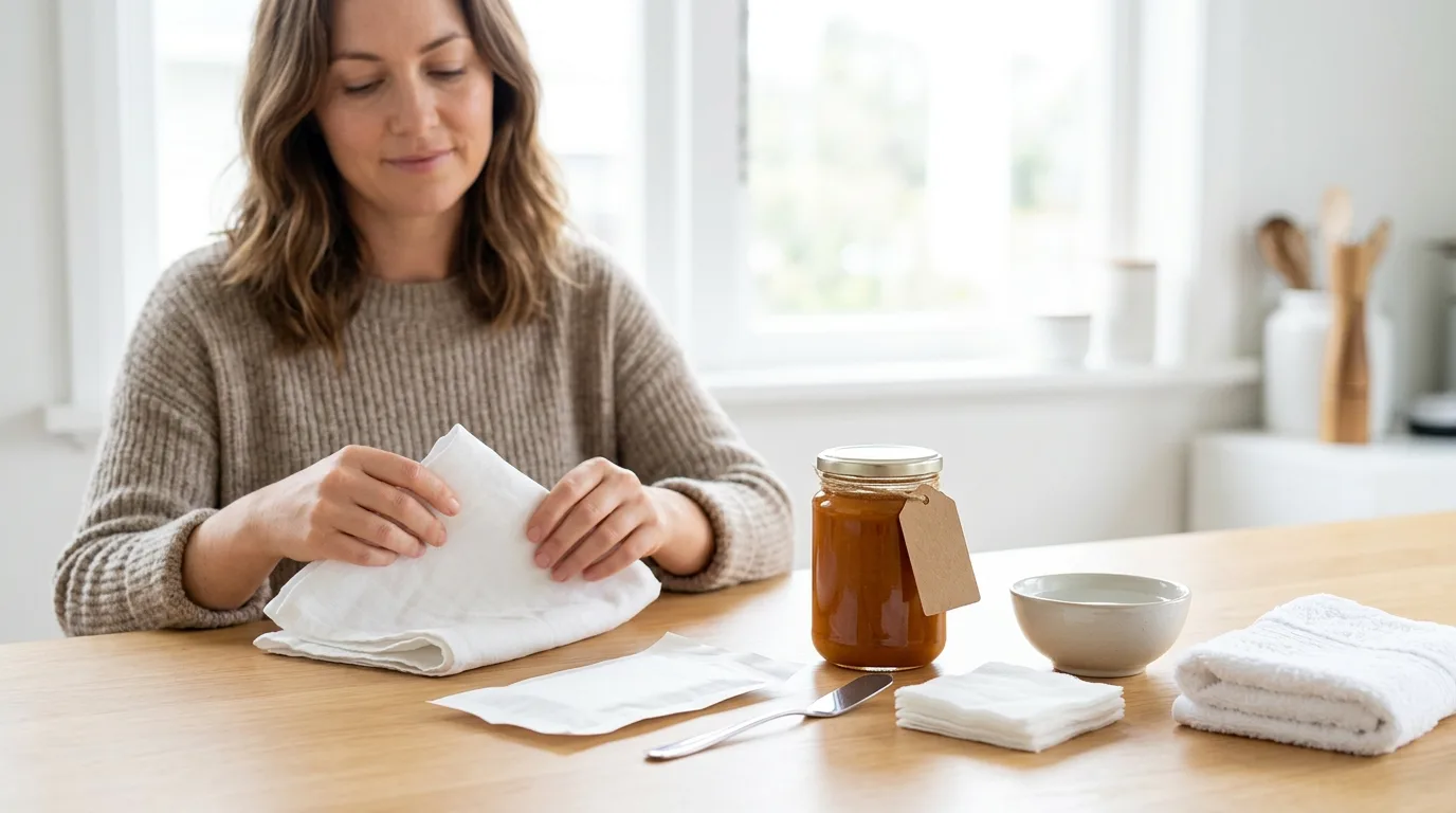 A tidy home first-aid setup featuring a plain jar of New Zealand mānuka honey, sterile dressing, gauze, and a clean spatula arranged on a kitchen table.