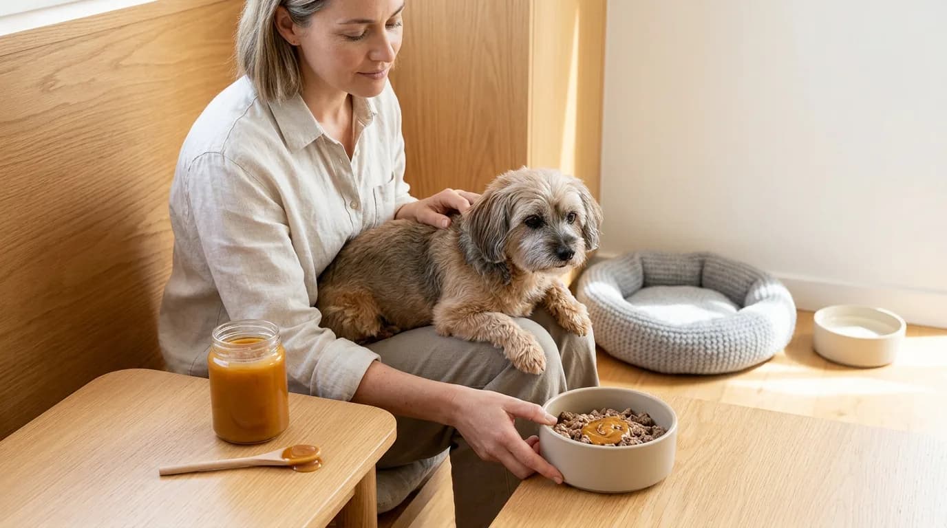 A woman gently comforts her small senior dog beside a bowl of food mixed with mānuka honey in a sunny kitchen.