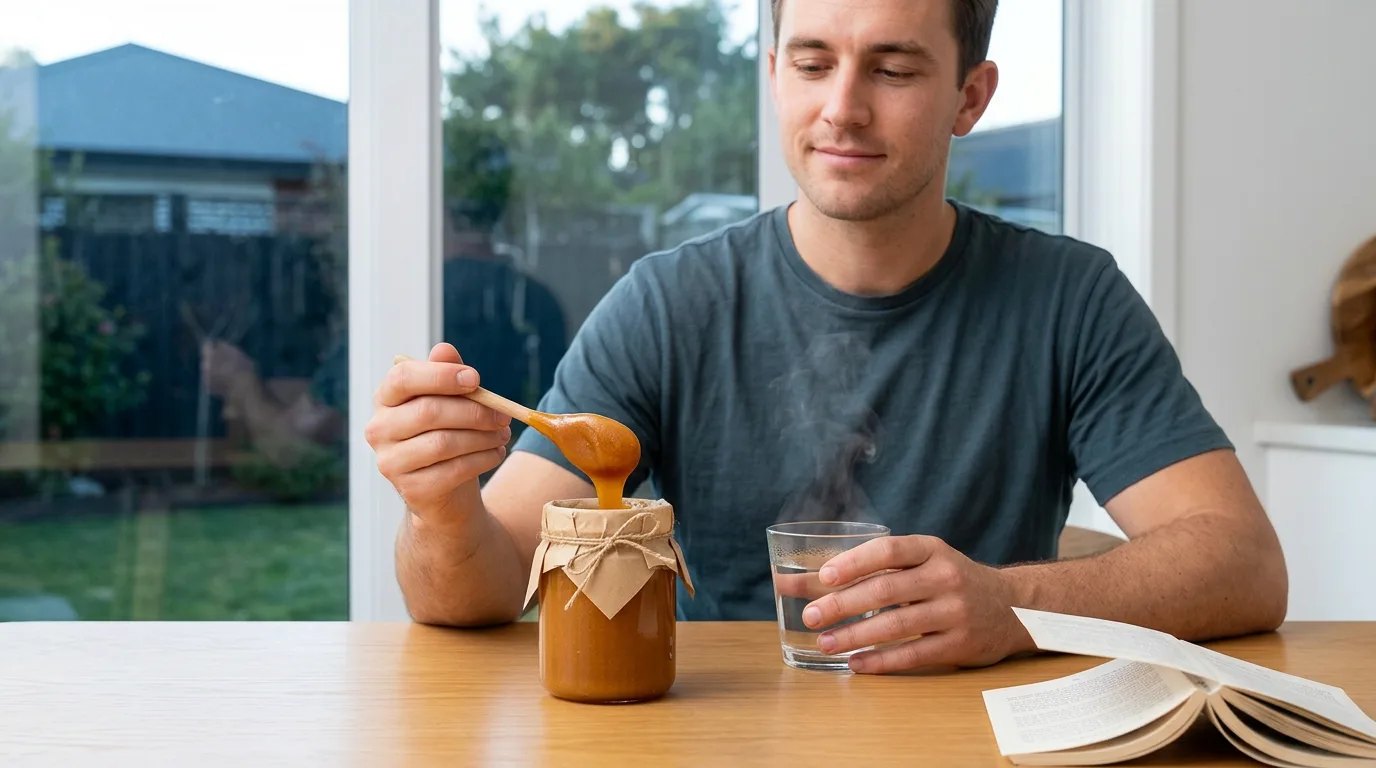 A man calmly spoons New Zealand mānuka honey into a glass of warm water at his kitchen table in the evening as part of a quiet bedtime routine.