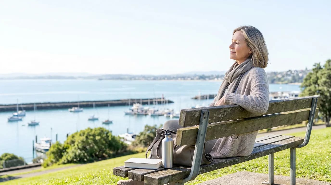 A woman with a thyroid issue in her fifties sits on a park bench overlooking a harbour. There is no honey in the photo at all.