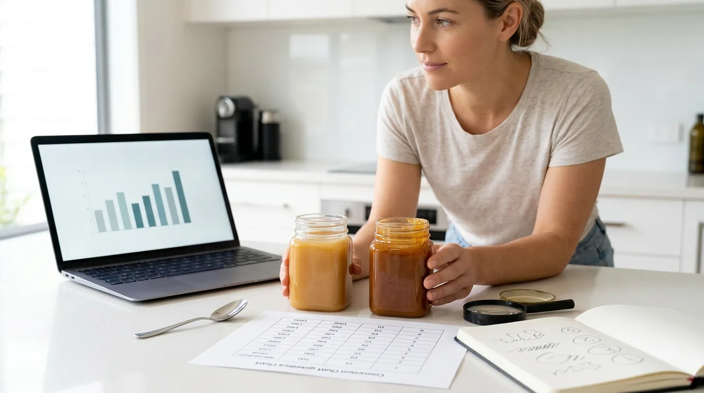A person at a kitchen counter compares two unlabeled jars of manuka honey against a printed chart while examining their certification seals with a magnifying glass.