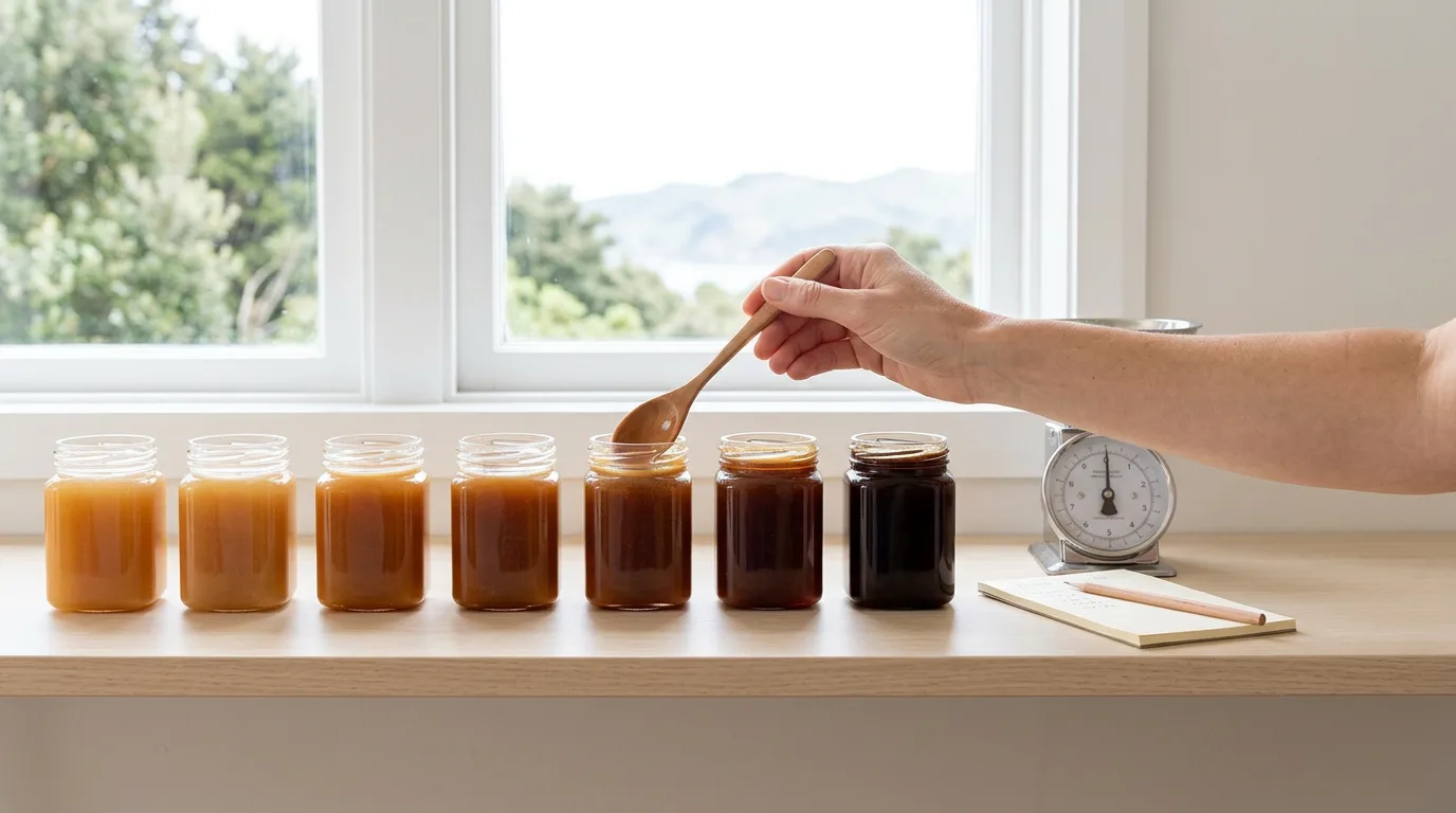 A woman's hand holds a wooden spoon over a graduated row of plain glass honey jars, from pale amber to deep mahogany, on a bright pantry shelf as she weighs up which to buy.