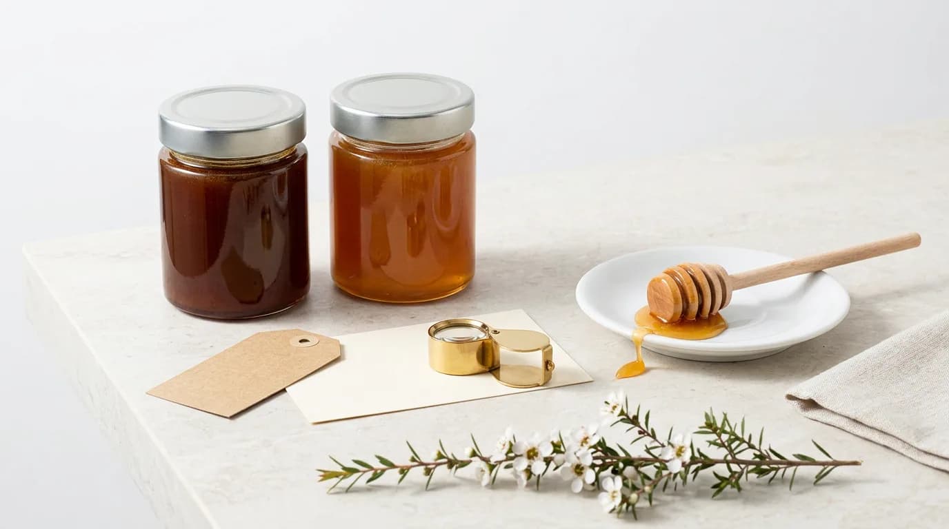 Two plain glass jars of mānuka honey, one dark and one paler, arranged with a brass loupe, blank tags, a honey dipper and a flowering mānuka sprig as if being carefully compared.
