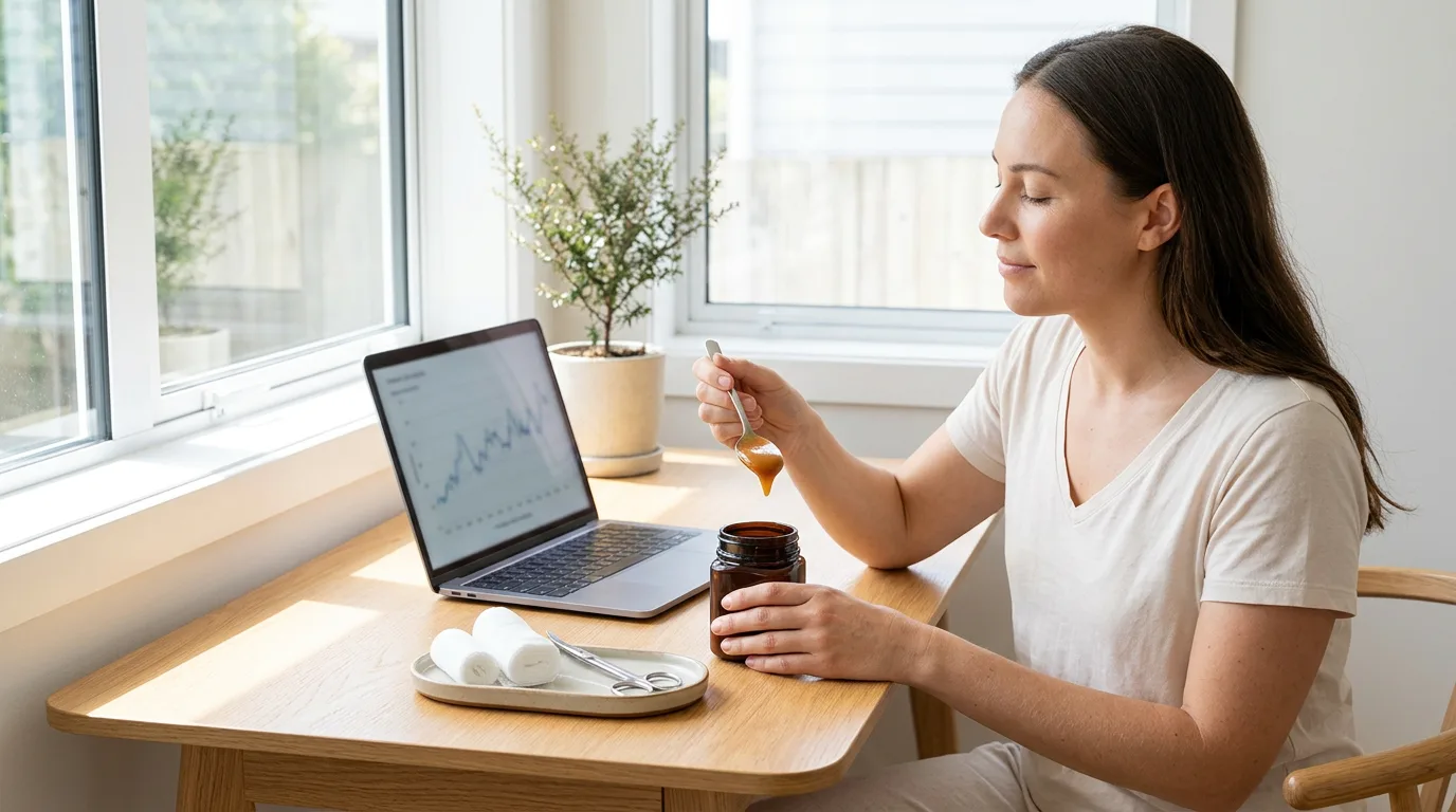 A calm home study nook with a small first-aid organising tray on a wooden desk: neatly rolled sterile gauze rolls, a pair of clean scissors, a small dark unlabeled glass jar of thick mānuka honey alongside a laptop showing a blurred line graph. A window casts soft daylight over the tray, with a small potted mānuka sprig in the background suggesting the plant's origin.