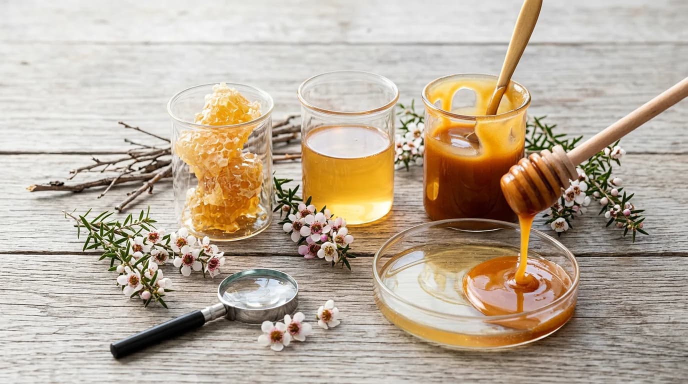 A weathered wooden table holds a cluster of small unlabeled glass vessels arranged like a scientist's specimen set: one with raw honeycomb fragments, one with pale amber honey, one with darker aged manuka honey, alongside a scattering of fresh Leptospermum scoparium sprigs with tiny white-pink blossoms and a few dried scrubland twigs. A magnifying glass rests near the blossoms, and a simple wooden dipper drizzles honey into a shallow dish, showing the transition from thin nectar-like liquid to thick mature honey side by side.