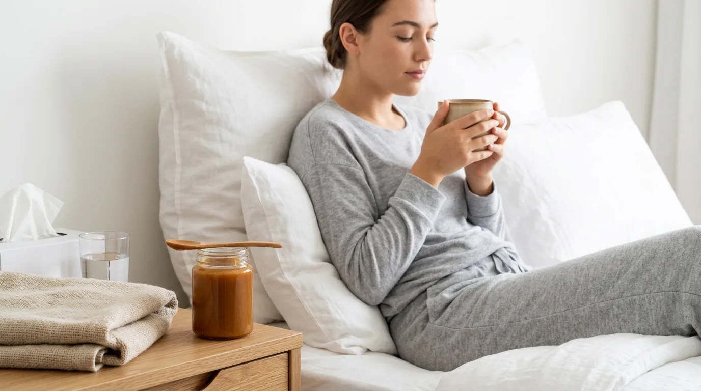 A softly lit bedroom morning scene: a young woman sits propped against pillows in comfortable loungewear, wrapping both hands around a warm mug of tea on the nightstand, a plain unlabeled glass jar of honey and a wooden spoon resting beside a folded blanket. Morning light filters through a nearby window, and a small side table holds tissues and a glass of water, suggesting gentle at-home care and quiet companionship.