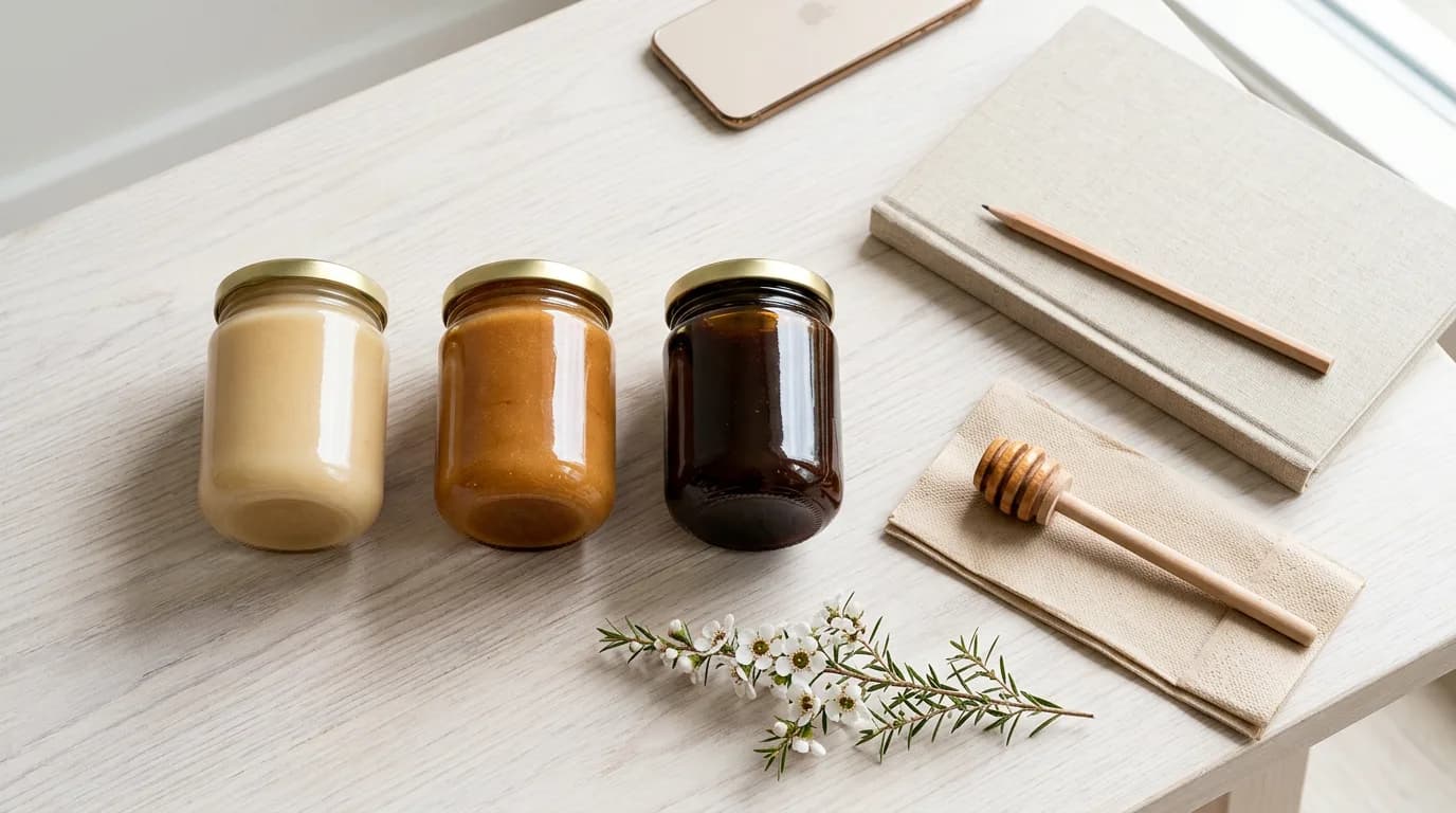 Three plain amber glass jars of mānuka honey in graduated shades beside a magnifying glass, notebook and a flowering mānuka sprig on a pale wooden bench.