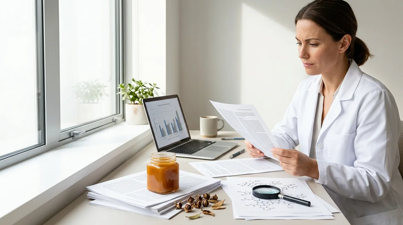 A researcher examines printed studies and molecular diagrams next to a jar of manuka honey and manuka seed pods on a sunlit desk.