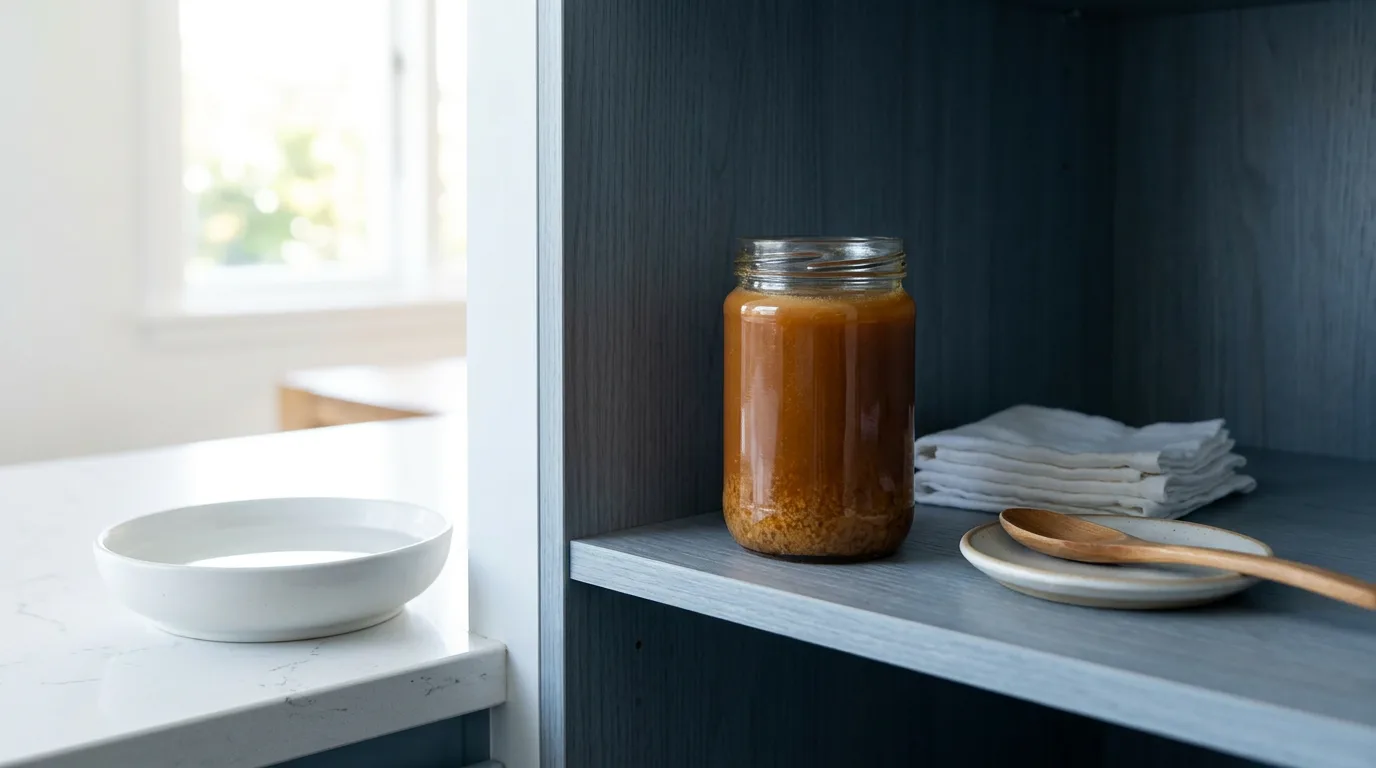 A tightly sealed jar of manuka honey stored on a shaded pantry shelf away from sunlight and heat, with a bowl of warm water nearby for gently reversing crystallisation.