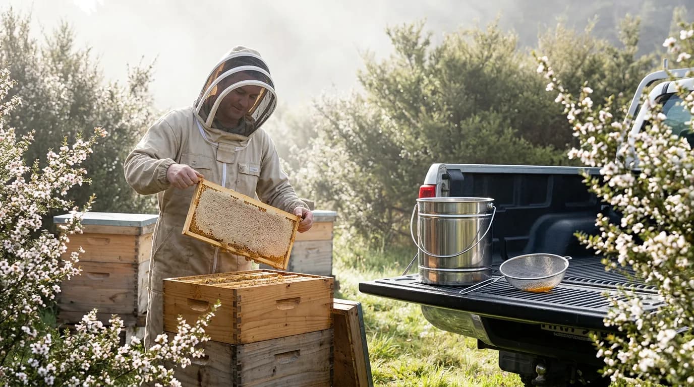 A beekeeper lifts a frame of capped honeycomb from a hive surrounded by flowering manuka shrubland, with extraction equipment waiting nearby.
