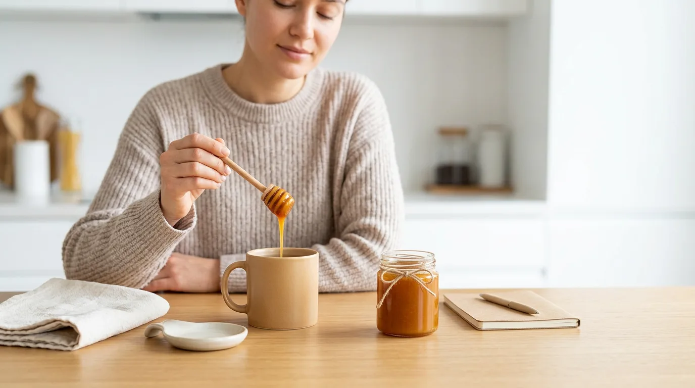 A person calmly stirring a spoonful of thick mānuka honey from a plain jar into a mug of warm water as part of a gentle morning wellness routine.