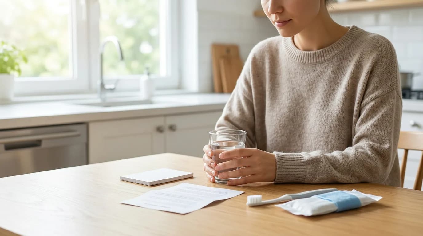 A person recovering at home after dental surgery sits calmly at a table with water, a cool compress, and aftercare items nearby.