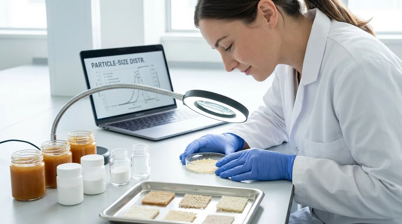 A researcher in a lab examines experimental manuka-honey-infused microparticles and fiber scaffolds alongside vials of raw honey used in wound-care materials research.