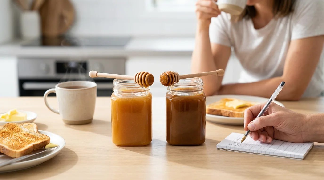 A person compares two unlabeled jars of manuka honey at a breakfast table with tea and toast, considering which grade suits everyday use.