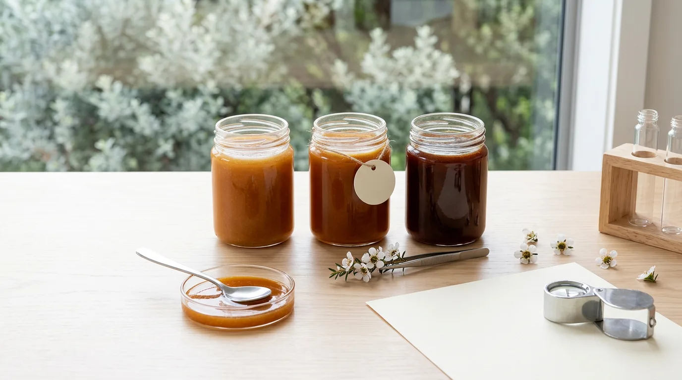 Three unlabeled jars of mānuka honey in graded amber shades beside a sprig of mānuka blossom, a loupe, a blank paper tag and empty sample vials on a pale wooden bench.