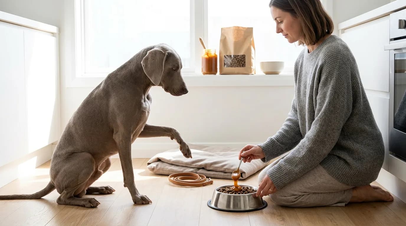 A woman kneels beside her Weimaraner dog in a sunny kitchen, stirring a spoonful of manuka honey into his morning food bowl.