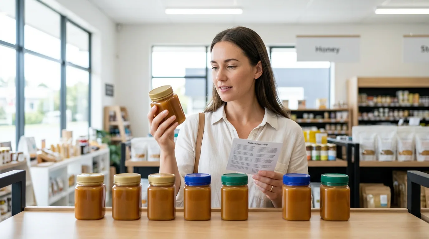 A shopper compares several jars of manuka honey on a store shelf, cross-checking a licence number against a printed reference sheet before buying.