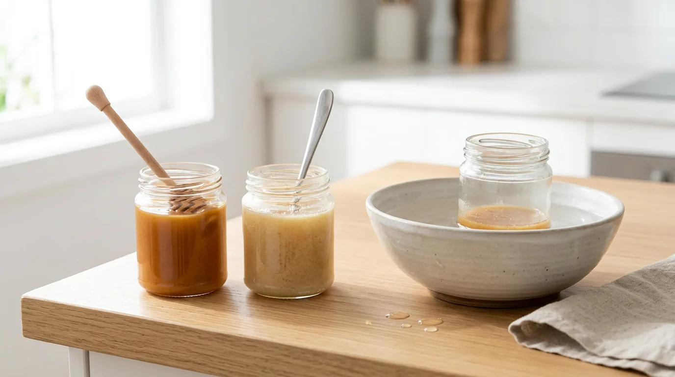 A still-life comparing smooth liquid honey, thick crystallised honey, and a jar being gently warmed in a bowl of water to soften it.