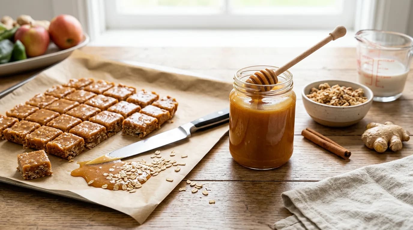 A wooden countertop scene showing homemade mānuka honey granola chews on a baking sheet, surrounded by a jar of honey, granola, cinnamon, and ginger used to make them.