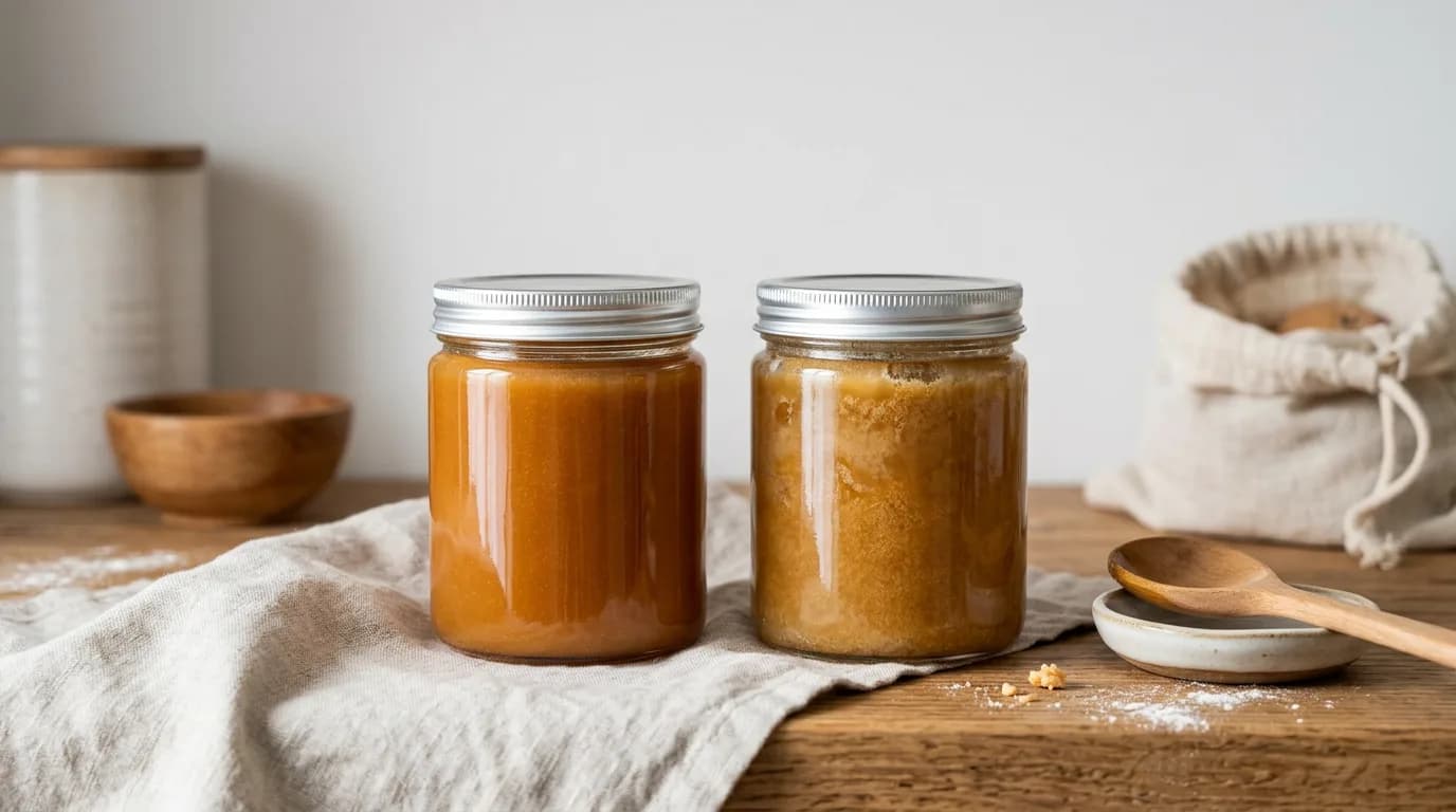 Two unlabeled jars of manuka honey on a pantry shelf, one smooth and liquid and the other naturally crystallised, illustrating normal texture change during storage.