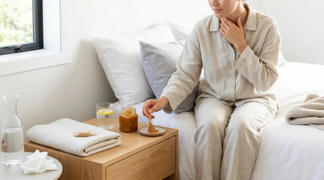 A person recovering at home reaches for a spoonful of manuka honey beside soothing drops and warm lemon water on a bedside table.