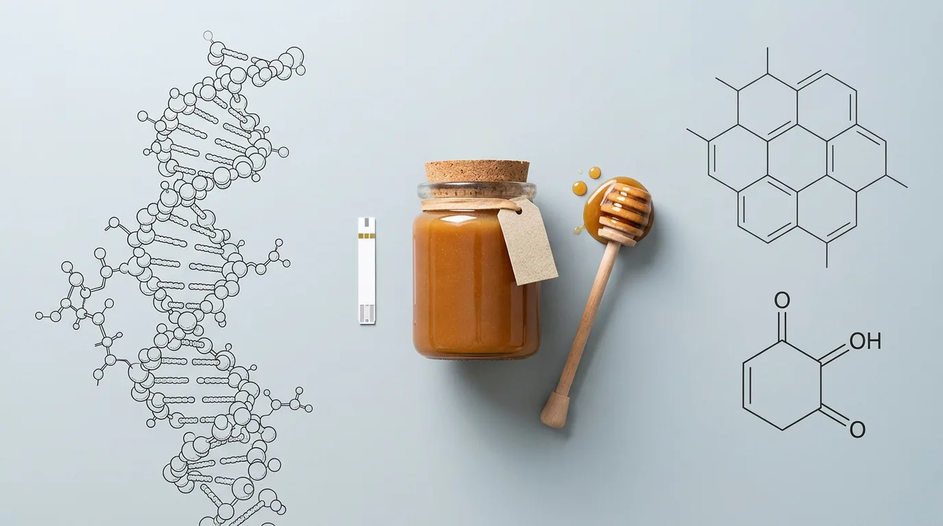 A clean science-illustration layout showing a strand of DNA-like molecular chain on one side, balanced by a simple line-drawn honeycomb structure and a single hexagonal MGO molecule diagram on the other, with a small unlabelled glucose test strip and a plain glass honey jar with paper tie placed neutrally between them, all arranged on a soft muted background as if mapping the relationship between compounds and the body