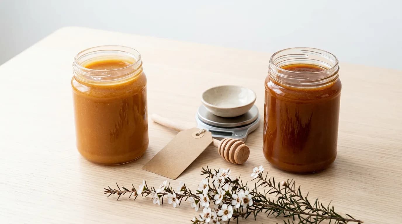 Two unlabeled glass jars of mānuka honey, one lighter amber and one darker, sit side by side on a pale wooden table with a small kitchen scale, a wooden dipper and a sprig of white mānuka blossom.