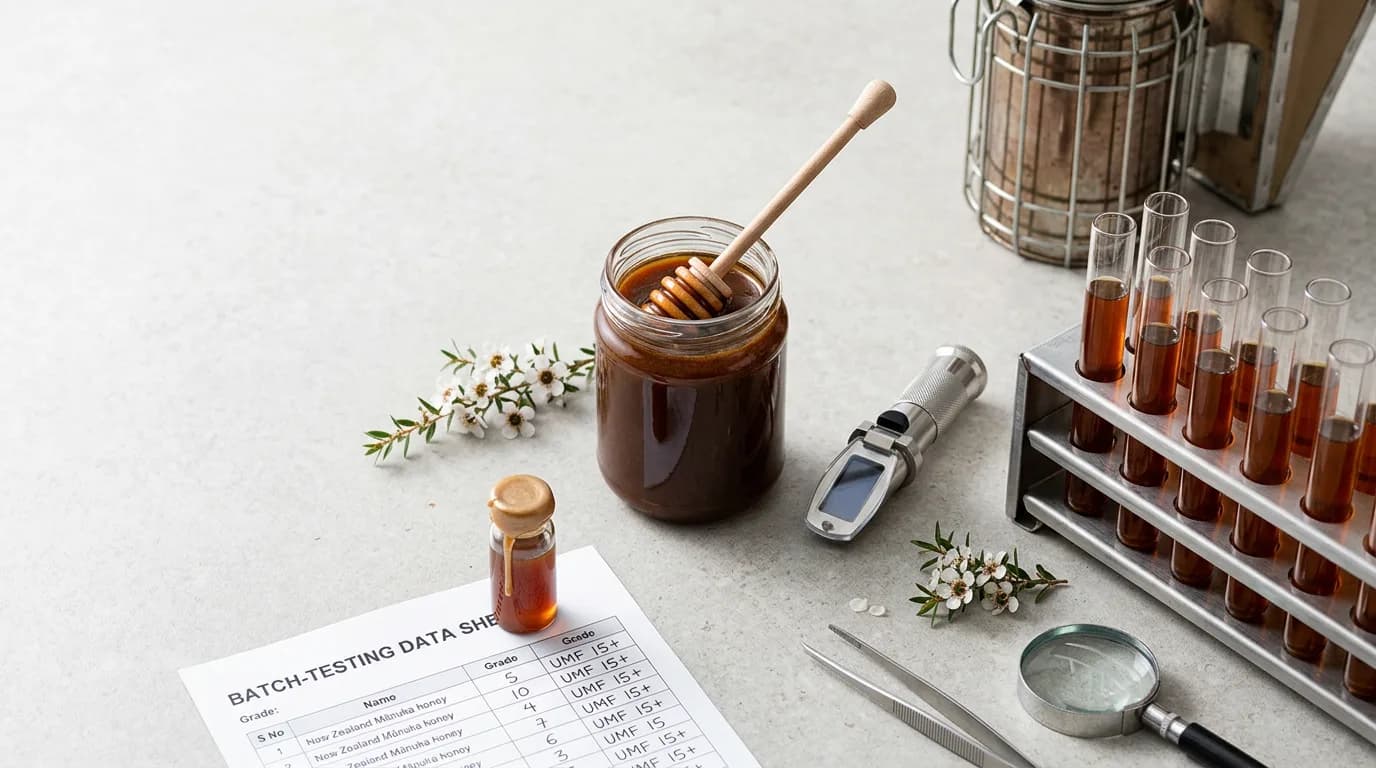A still-life of an unlabeled jar of manuka honey surrounded by laboratory testing equipment, sample vials, and manuka blossom sprigs, representing the harvest and grading process behind its cost.