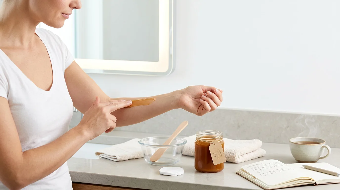 A person carefully applies a honey-based cream to the inner crease of their forearm at a home bathroom counter, with a small jar of mānuka honey and a notebook nearby.
